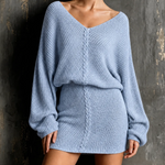 ElevenOra Chic Elegant Blue V Neck Long Sleeve Loose-Fit Cable Detail Knit Mini Dress