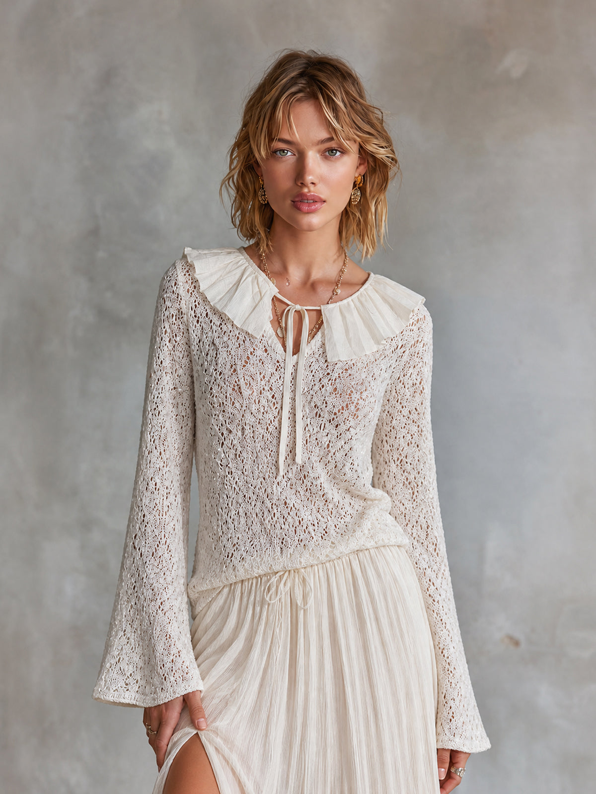 ElevenOra Chic Romantic Cream V-Neck Patchwork Ruffle Collar Tie Detail Long Flare Sleeve Loose-Fit Hollow Knit Sweater Top