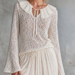 ElevenOra Chic Romantic Cream V-Neck Patchwork Ruffle Collar Tie Detail Long Flare Sleeve Loose-Fit Hollow Knit Sweater Top