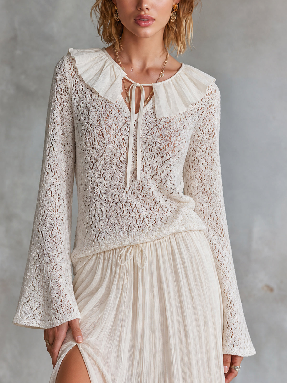 ElevenOra Chic Romantic Cream V-Neck Patchwork Ruffle Collar Tie Detail Long Flare Sleeve Loose-Fit Hollow Knit Sweater Top
