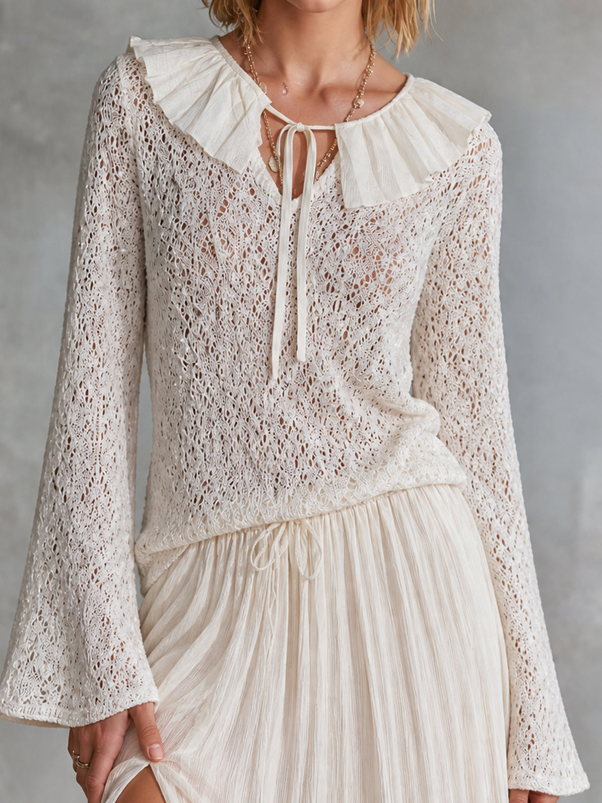 ElevenOra Chic Romantic Cream V-Neck Patchwork Ruffle Collar Tie Detail Long Flare Sleeve Loose-Fit Hollow Knit Sweater Top