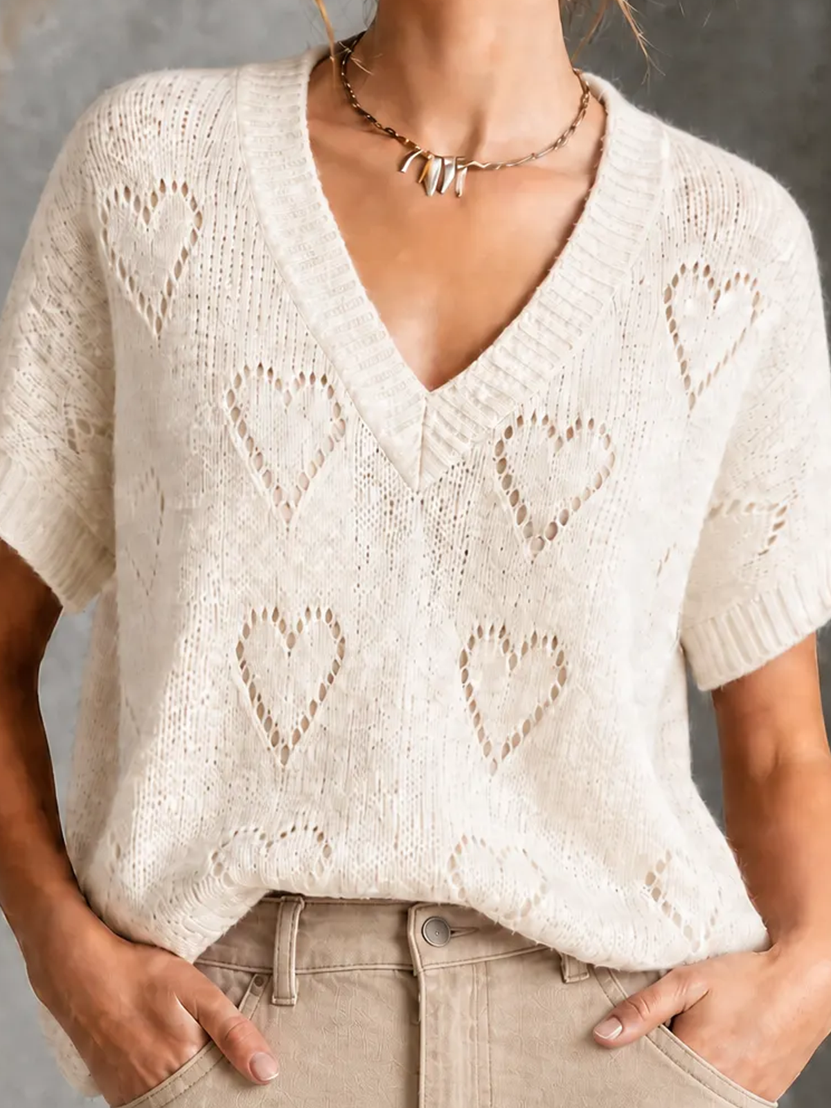 ElevenOra Chic Casual White V-Neck Heart Pointelle Ope Short-Sleev Loose-Fit Knit Sweater Top