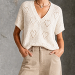 ElevenOra Chic Casual White V-Neck Heart Pointelle Ope Short-Sleev Loose-Fit Knit Sweater Top