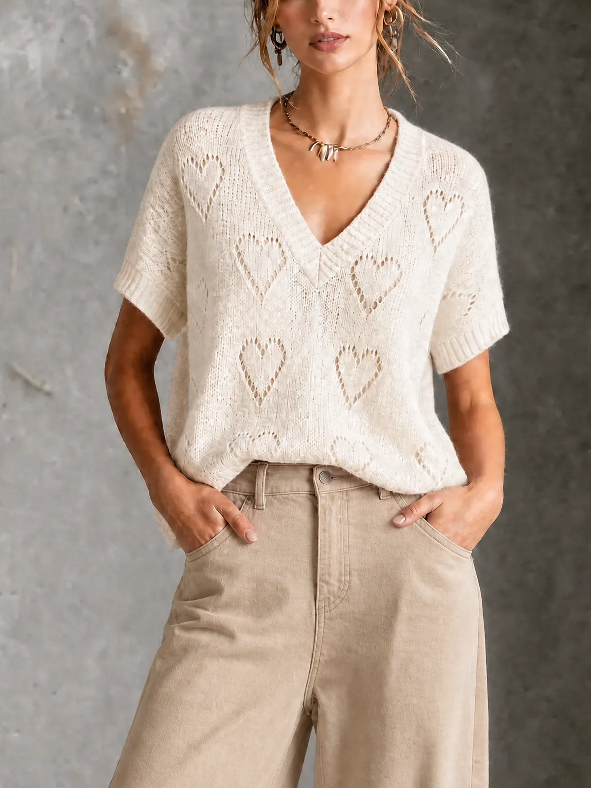 ElevenOra Chic Casual White V-Neck Heart Pointelle Ope Short-Sleev Loose-Fit Knit Sweater Top