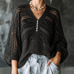 ElevenOra Chic Elegant Black-Silver Melange V-Neck Pearl Button Detail Three-Quarter Batwing Sleeve Loose-Fit Hollow Knit Sweater Top