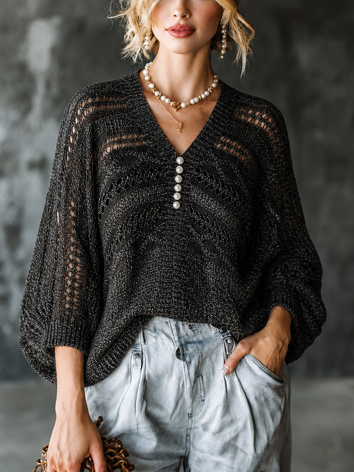 ElevenOra Chic Elegant Black-Silver Melange V-Neck Pearl Button Detail Three-Quarter Batwing Sleeve Loose-Fit Hollow Knit Sweater Top
