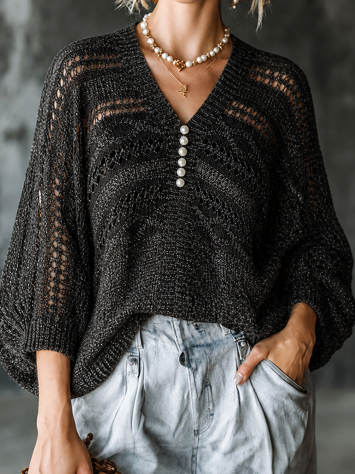 ElevenOra Chic Elegant Black-Silver Melange V-Neck Pearl Button Detail Three-Quarter Batwing Sleeve Loose-Fit Hollow Knit Sweater Top