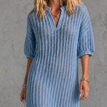ElevenOra Chic Elegant Blue Stand Collar V Neck Hollow-Out Half-Sleeve Loose-Fit Knit Mini Dress