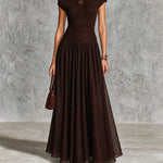 ElevenOra Chic Dark Brown Round Neck Cap Sleeve Patchwork Chiffon A-Line Slim-Fit Rib Knit Maxi Dress