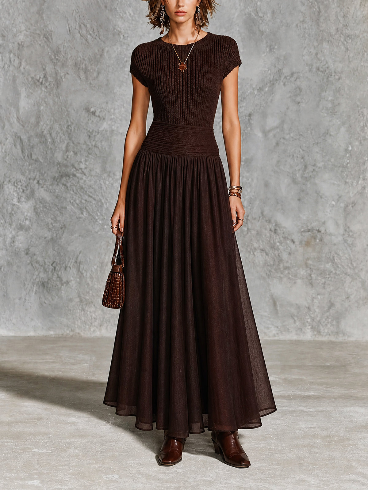 ElevenOra Chic Dark Brown Round Neck Cap Sleeve Patchwork Chiffon A-Line Slim-Fit Rib Knit Maxi Dress