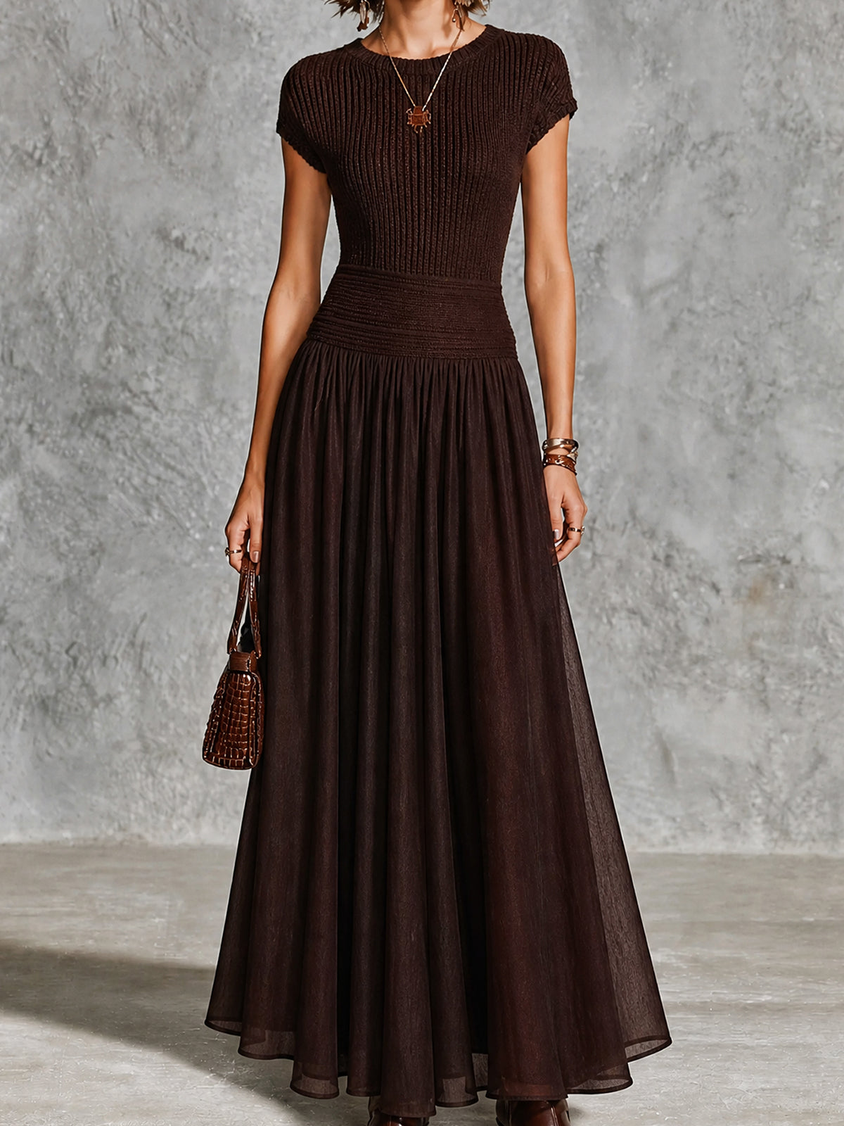 ElevenOra Chic Dark Brown Round Neck Cap Sleeve Patchwork Chiffon A-Line Slim-Fit Rib Knit Maxi Dress