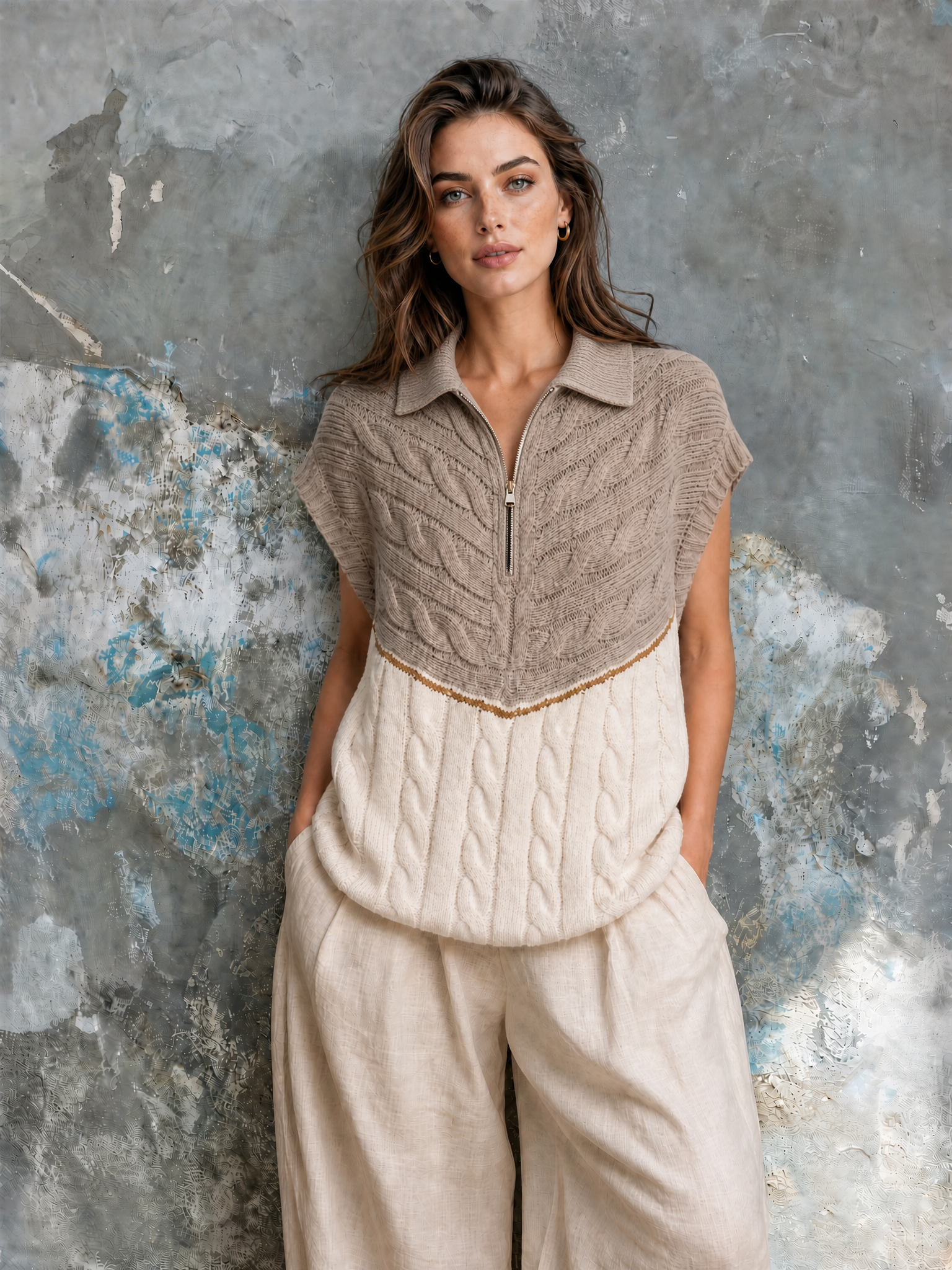 ElevenOra Chic Casual Camel-White Colorblock Lapel Half Zip Cap-Sleeve Loose-Fit Cable Knit Vest Top