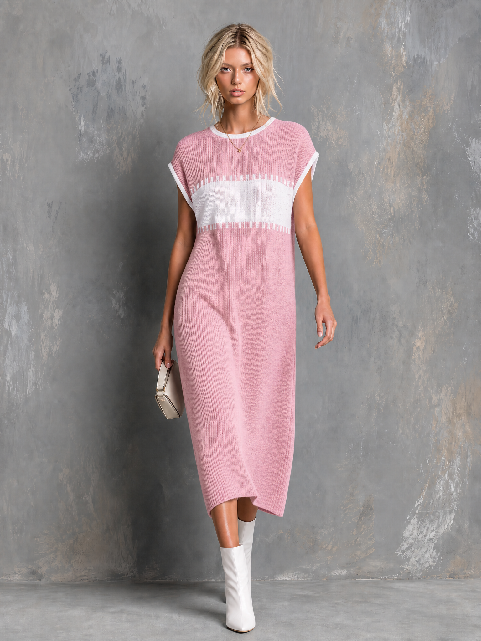 ElevenOra Chic Elegant Dusty Pink-White Colorblock Round Neck Cap Sleeve Loose-Fit Knit Midi Dress