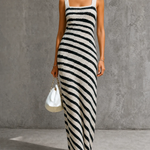 ElevenOra Chic Elegant Off White-Black Stripes Wide Strap Square Neck Sleeveless Slim-Fit Knit Maxi Dress
