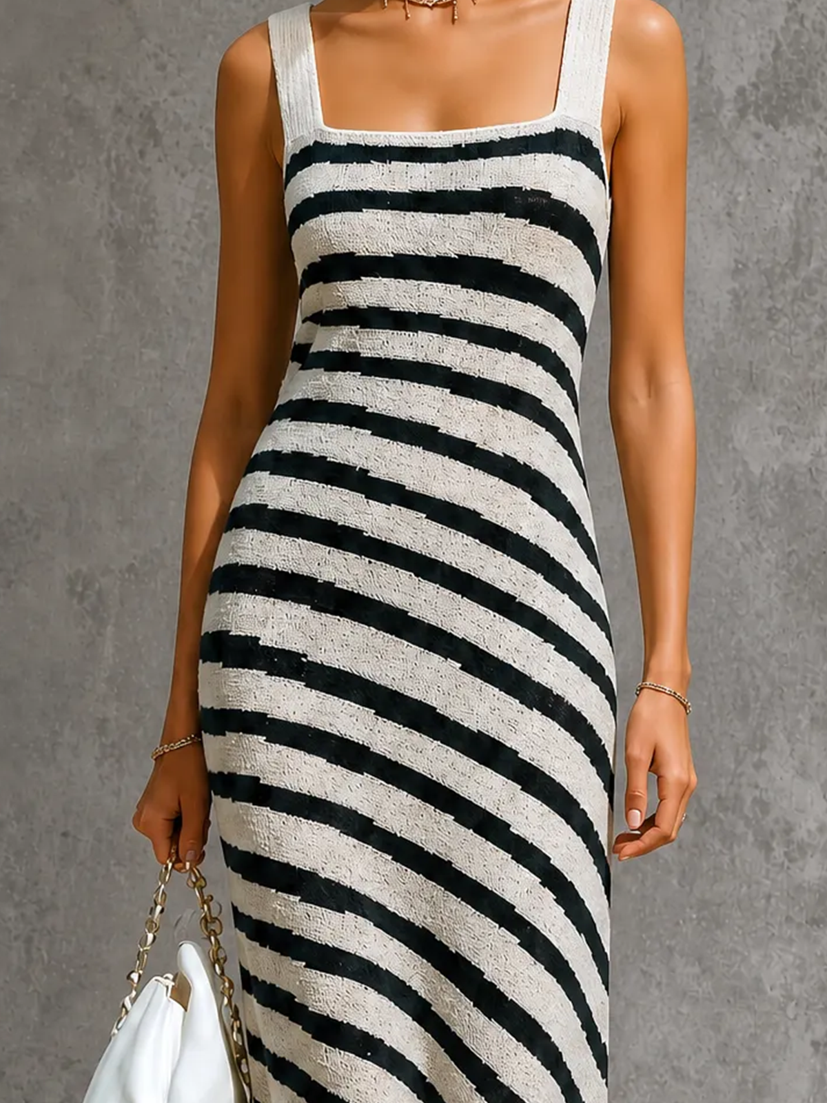 ElevenOra Chic Elegant Off White-Black Stripes Wide Strap Square Neck Sleeveless Slim-Fit Knit Maxi Dress