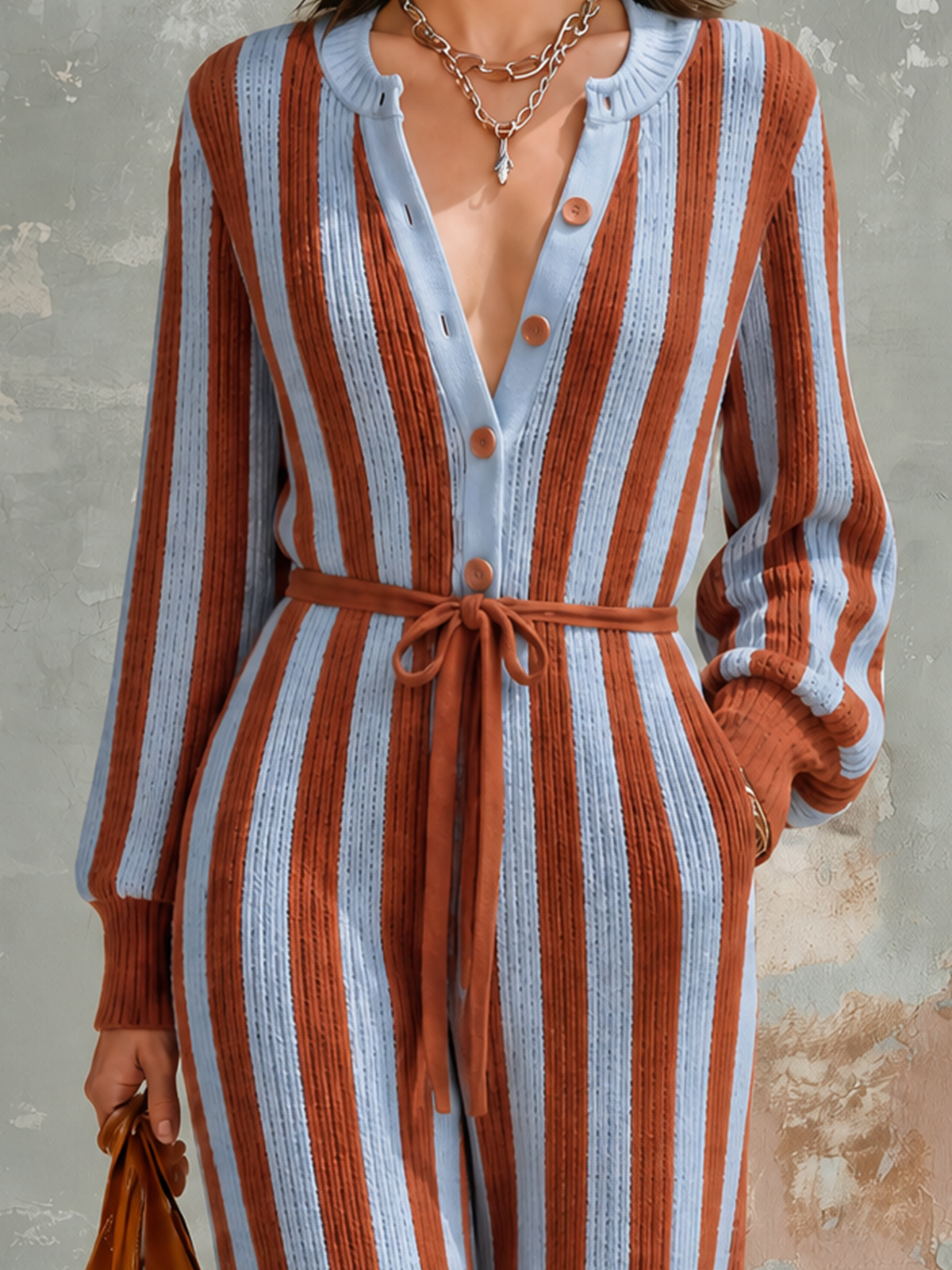 ElevenOra Chic Elegant Blue-Rust Stripes Button Front Long Sleeve Tie Waist Loose-Fit Knit Wide-Leg Jumpsuit