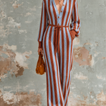 ElevenOra Chic Elegant Blue-Rust Stripes Button Front Long Sleeve Tie Waist Loose-Fit Knit Wide-Leg Jumpsuit