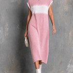 ElevenOra Chic Elegant Dusty Pink-White Colorblock Round Neck Cap Sleeve Loose-Fit Knit Midi Dress