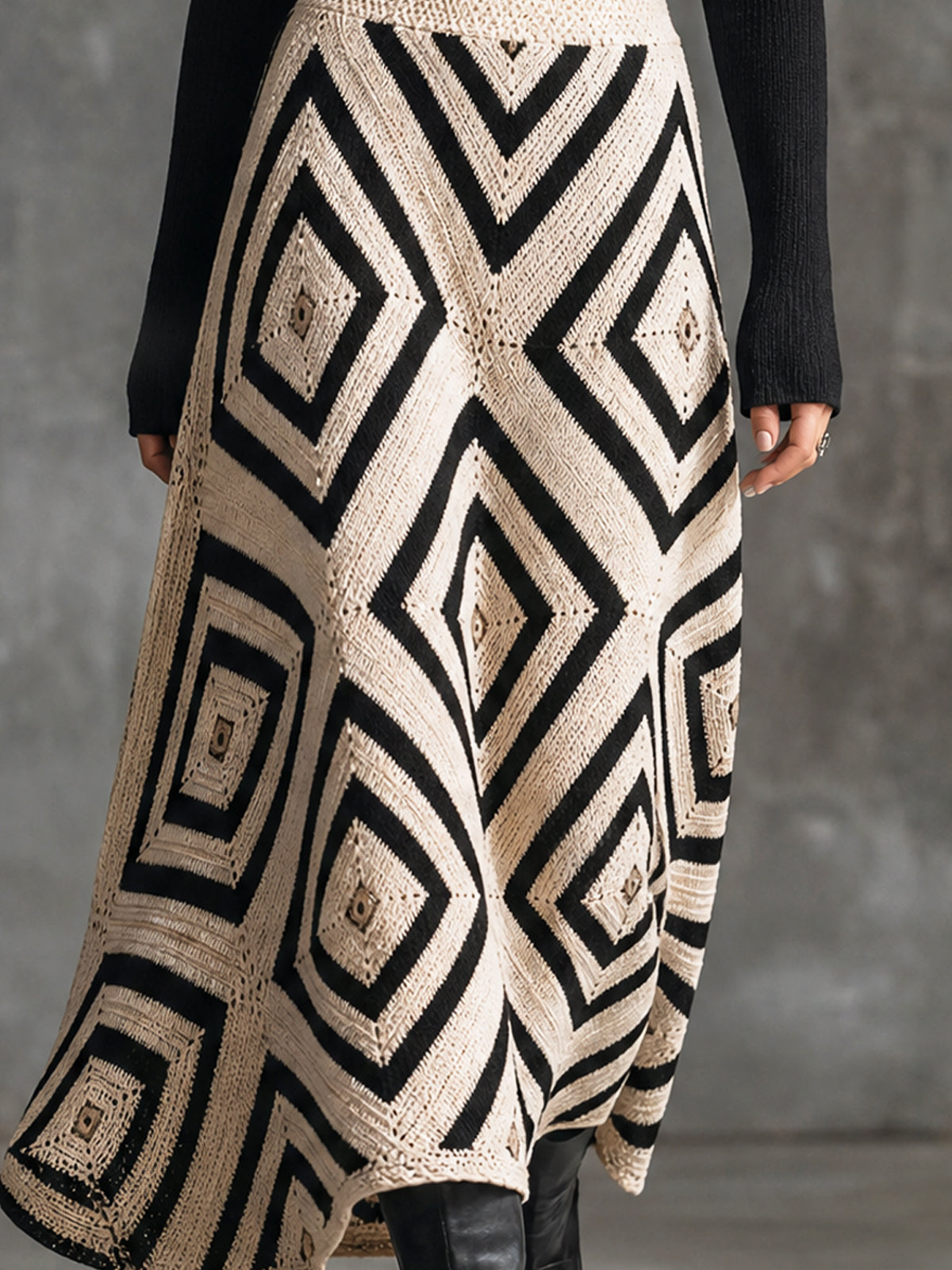 ElevenOra Chic Bohemian Cream-Black Colorblock Geometric Diamond Jacquard High Waist A-Line Knit Long Skirt