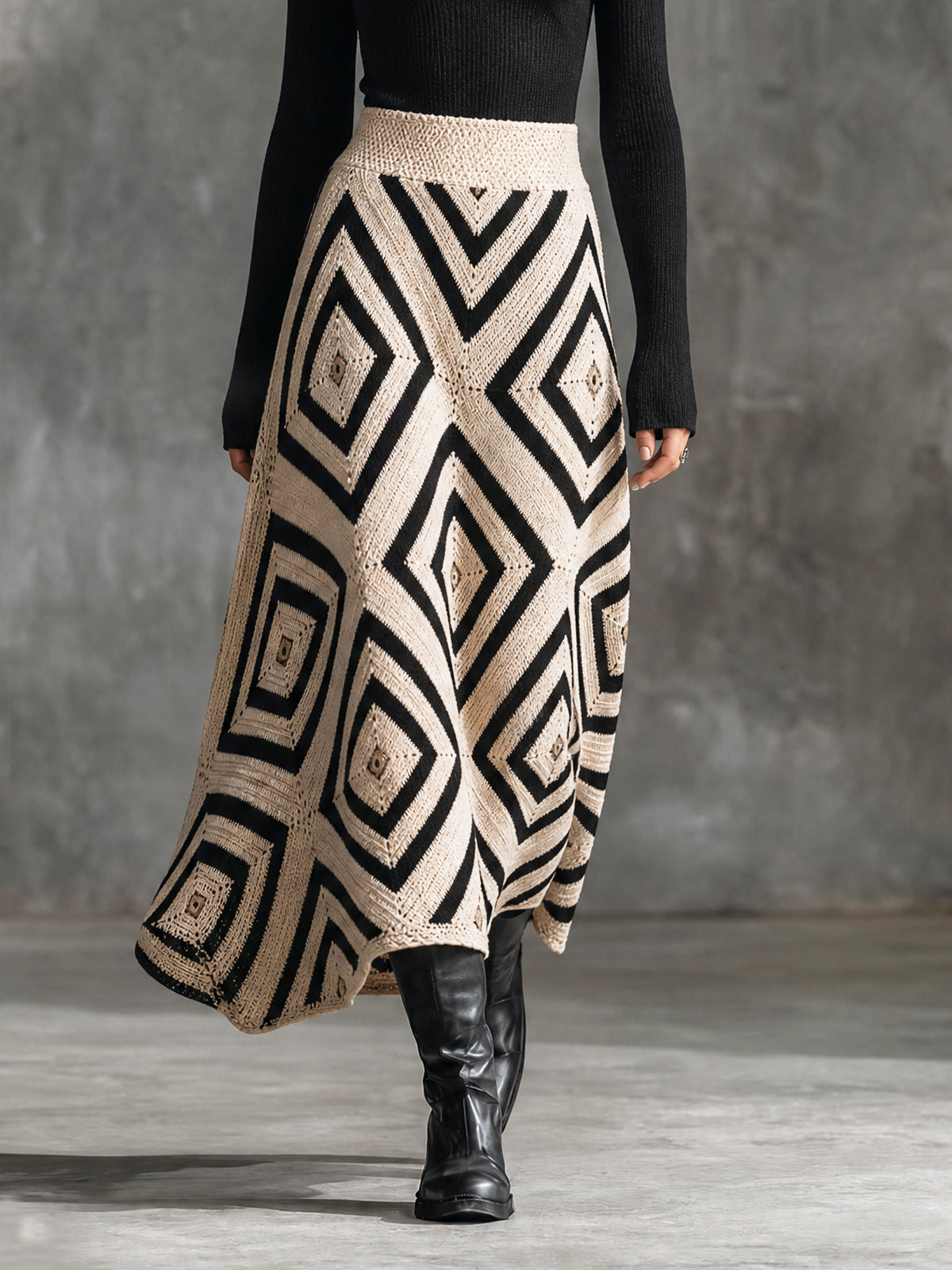 ElevenOra Chic Bohemian Cream-Black Colorblock Geometric Diamond Jacquard High Waist A-Line Knit Long Skirt