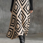 ElevenOra Chic Bohemian Cream-Black Colorblock Geometric Diamond Jacquard High Waist A-Line Knit Long Skirt