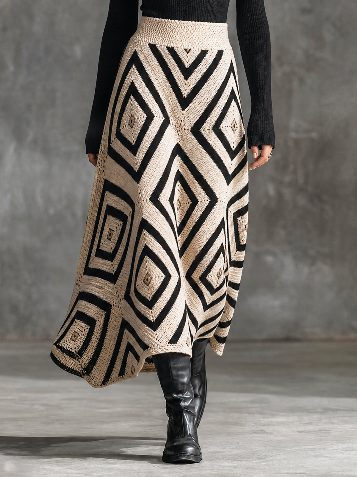 ElevenOra Chic Bohemian Cream-Black Colorblock Geometric Diamond Jacquard High Waist A-Line Knit Long Skirt