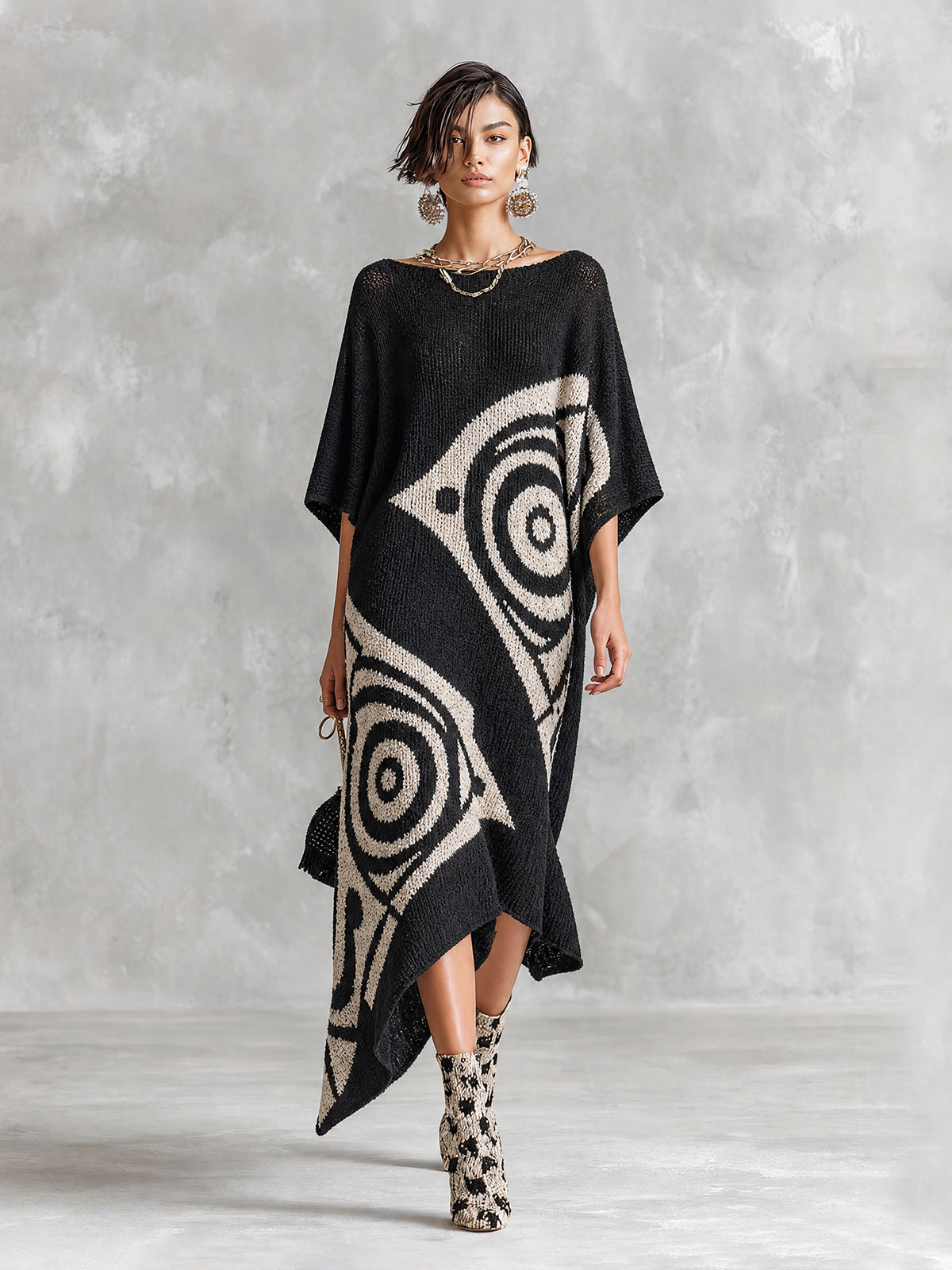 ElevenOra Chic Artistic Black-White Colorblock Boat Neck Batwing Half Sleeve Irregular Jacquard Asymmetrical Hem Loose-Fit Knit Maxi Dress