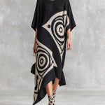 ElevenOra Chic Artistic Black-White Colorblock Boat Neck Batwing Half Sleeve Irregular Jacquard Asymmetrical Hem Loose-Fit Knit Maxi Dress
