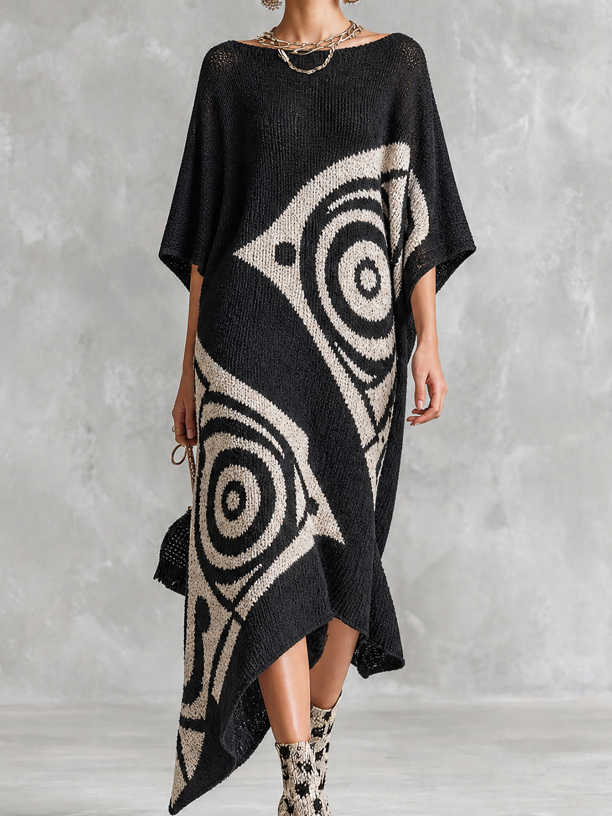 ElevenOra Chic Artistic Black-White Colorblock Boat Neck Batwing Half Sleeve Irregular Jacquard Asymmetrical Hem Loose-Fit Knit Maxi Dress