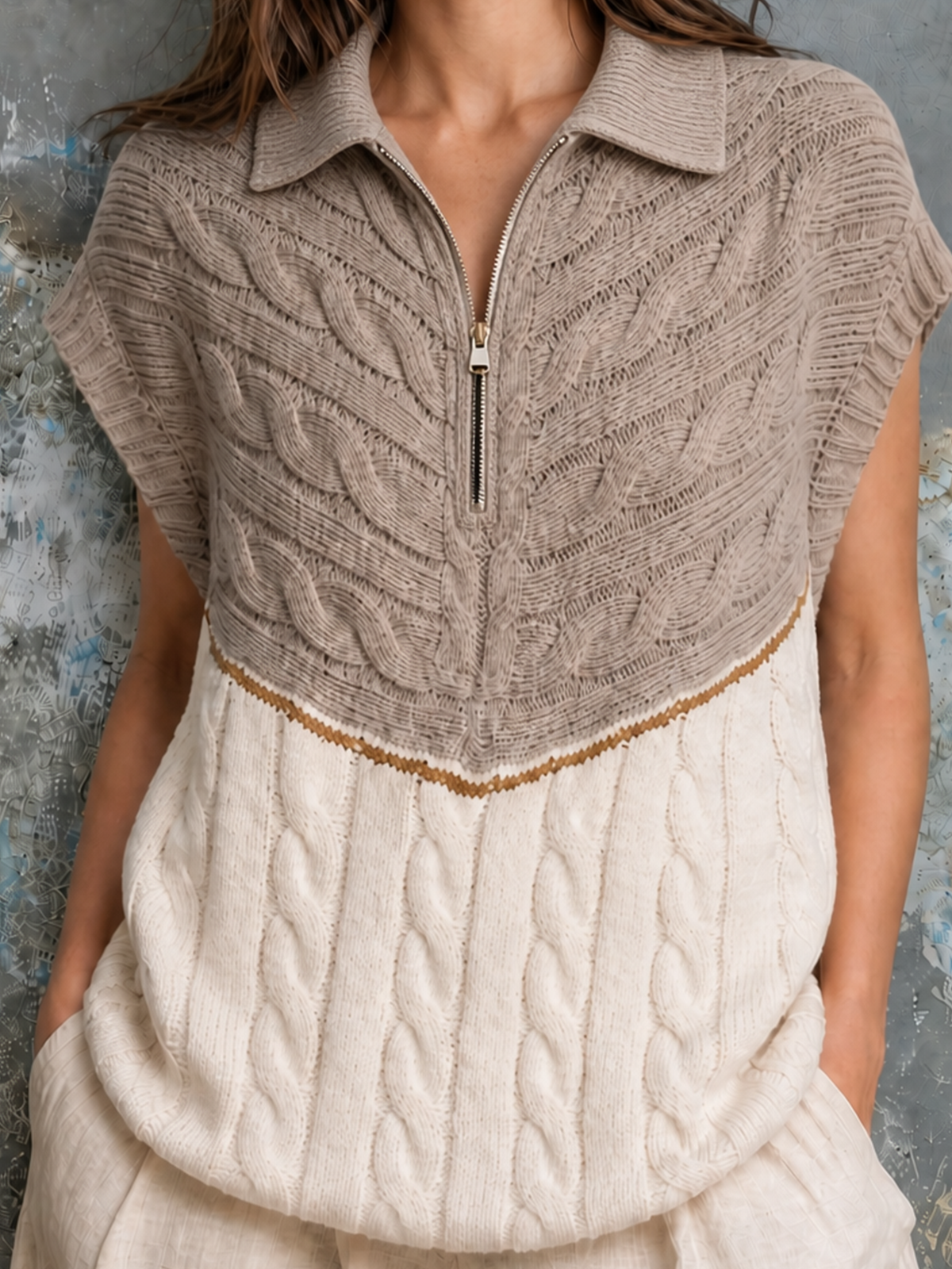 ElevenOra Chic Casual Camel-White Colorblock Lapel Half Zip Cap-Sleeve Loose-Fit Cable Knit Vest Top
