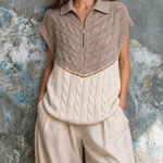 ElevenOra Chic Casual Camel-White Colorblock Lapel Half Zip Cap-Sleeve Loose-Fit Cable Knit Vest Top