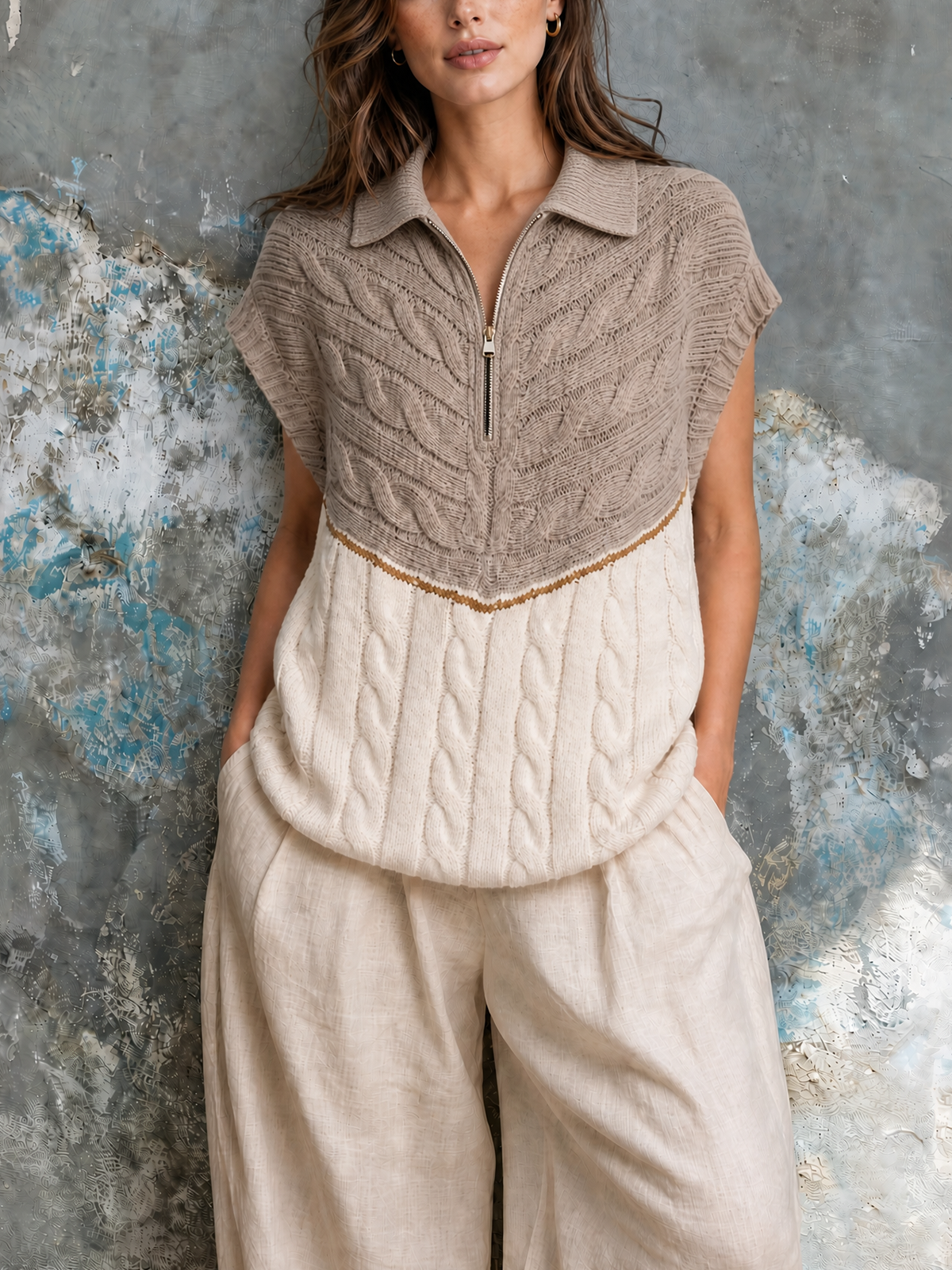 ElevenOra Chic Casual Camel-White Colorblock Lapel Half Zip Cap-Sleeve Loose-Fit Cable Knit Vest Top