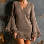 ElevenOra Chic Elegant Mocha Brown V-Neck Bell Sleeve Fringe Sequin Trim Loose-Fit Knit Mini Dress