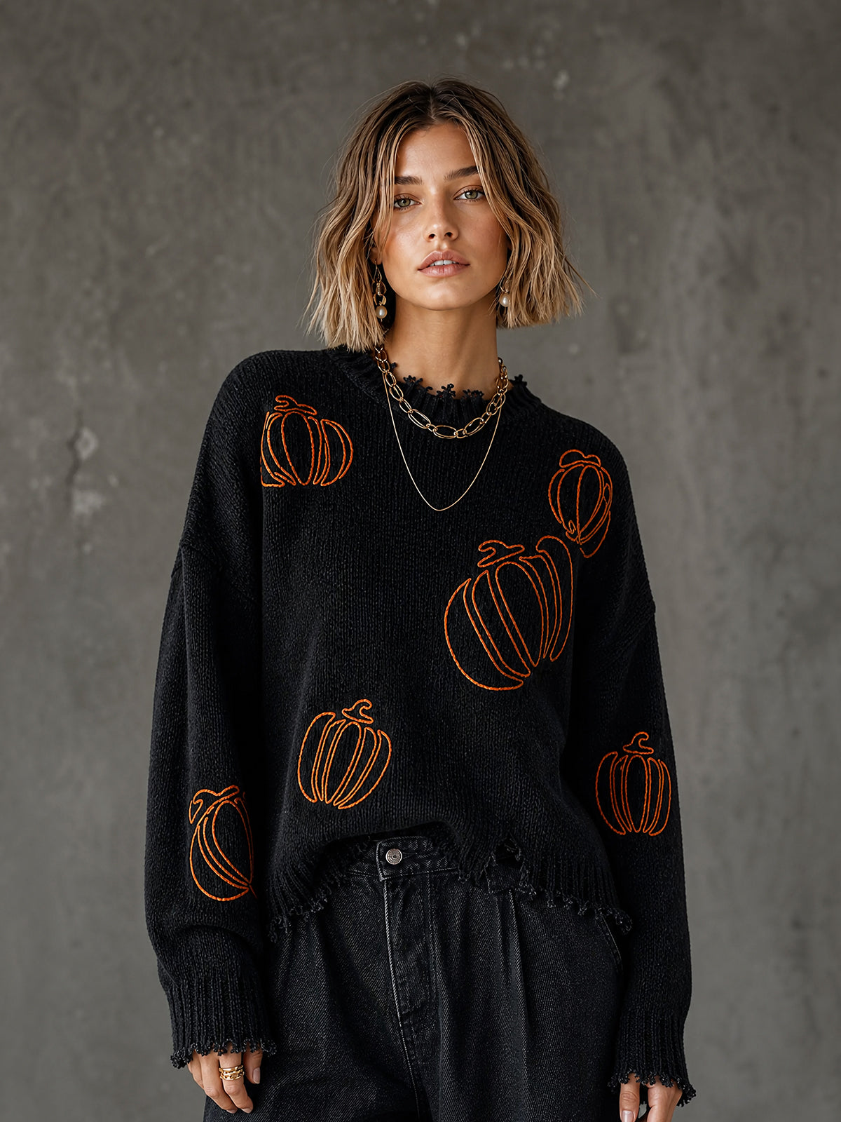 ElevenOra Halloween Black Round Neck Pumpkin Outline Embroidery Frayed Detail Long Sleeve Loose Fit Knit Sweater Top