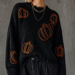 ElevenOra Halloween Black Round Neck Pumpkin Outline Embroidery Frayed Detail Long Sleeve Loose Fit Knit Sweater Top