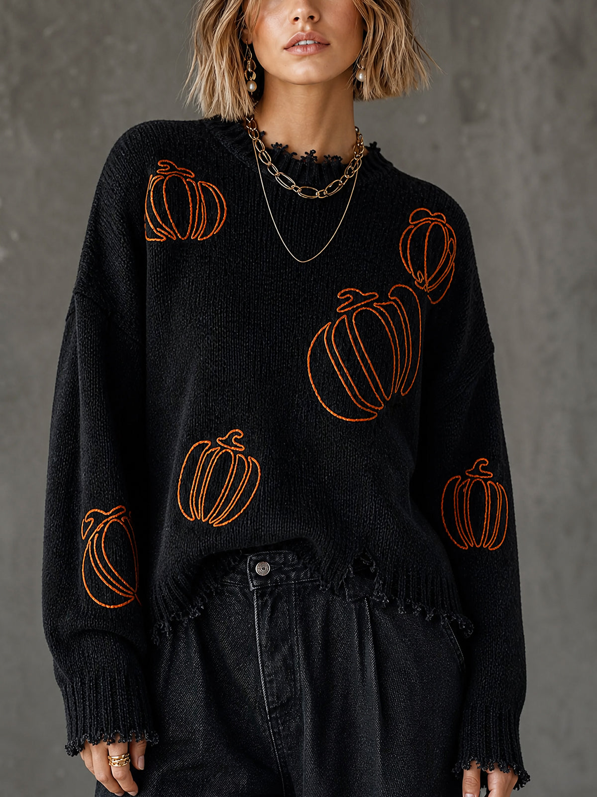 ElevenOra Halloween Black Round Neck Pumpkin Outline Embroidery Frayed Detail Long Sleeve Loose Fit Knit Sweater Top