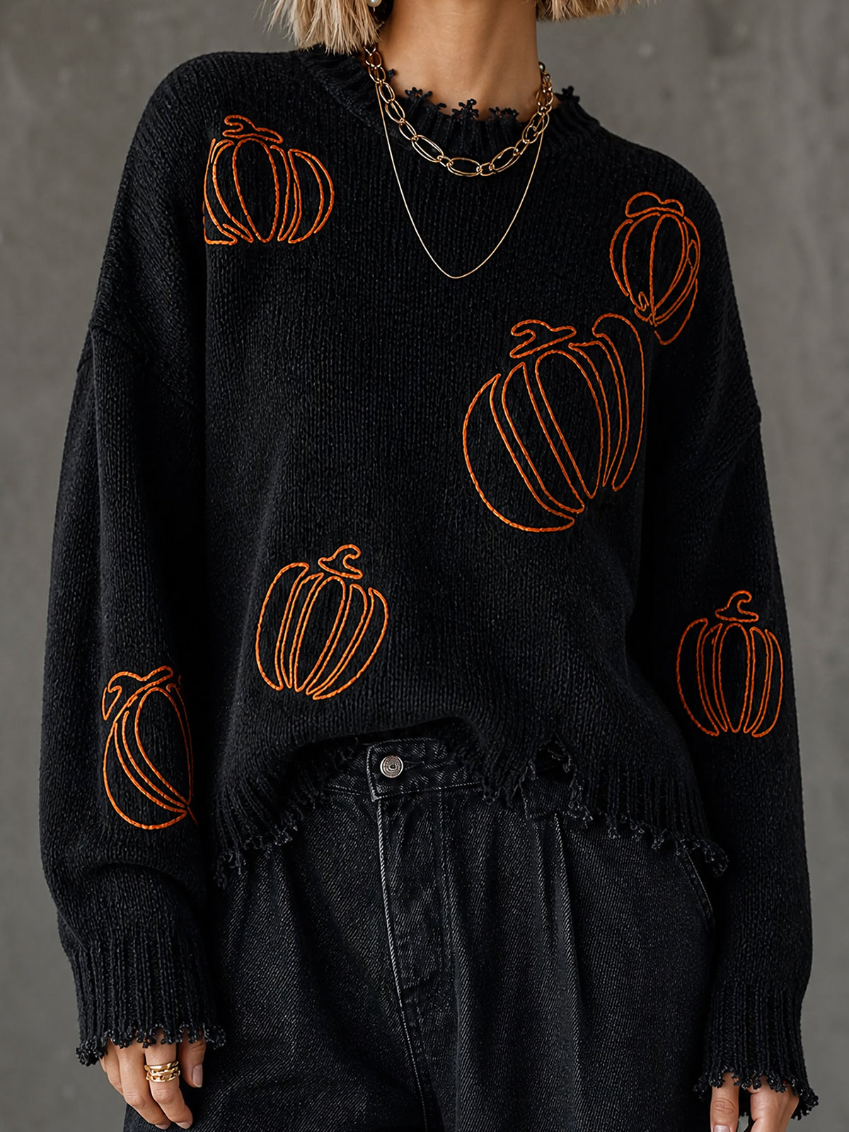 ElevenOra Halloween Black Round Neck Pumpkin Outline Embroidery Frayed Detail Long Sleeve Loose Fit Knit Sweater Top