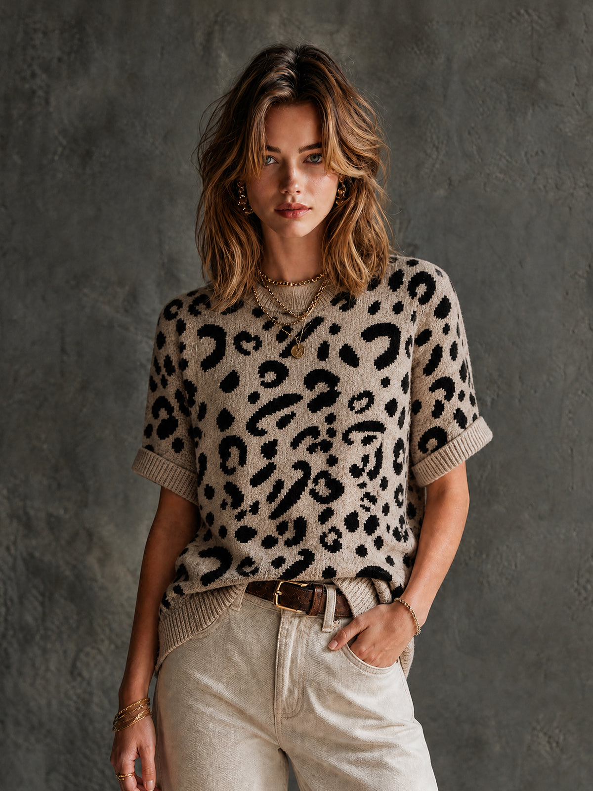 ElevenOra Vintage Oatmeal-Black Colorblock Leopard Print Jacquard Crew Neck Cuff Fold Detail Half Sleeve Loose Fit Knit Sweater Top