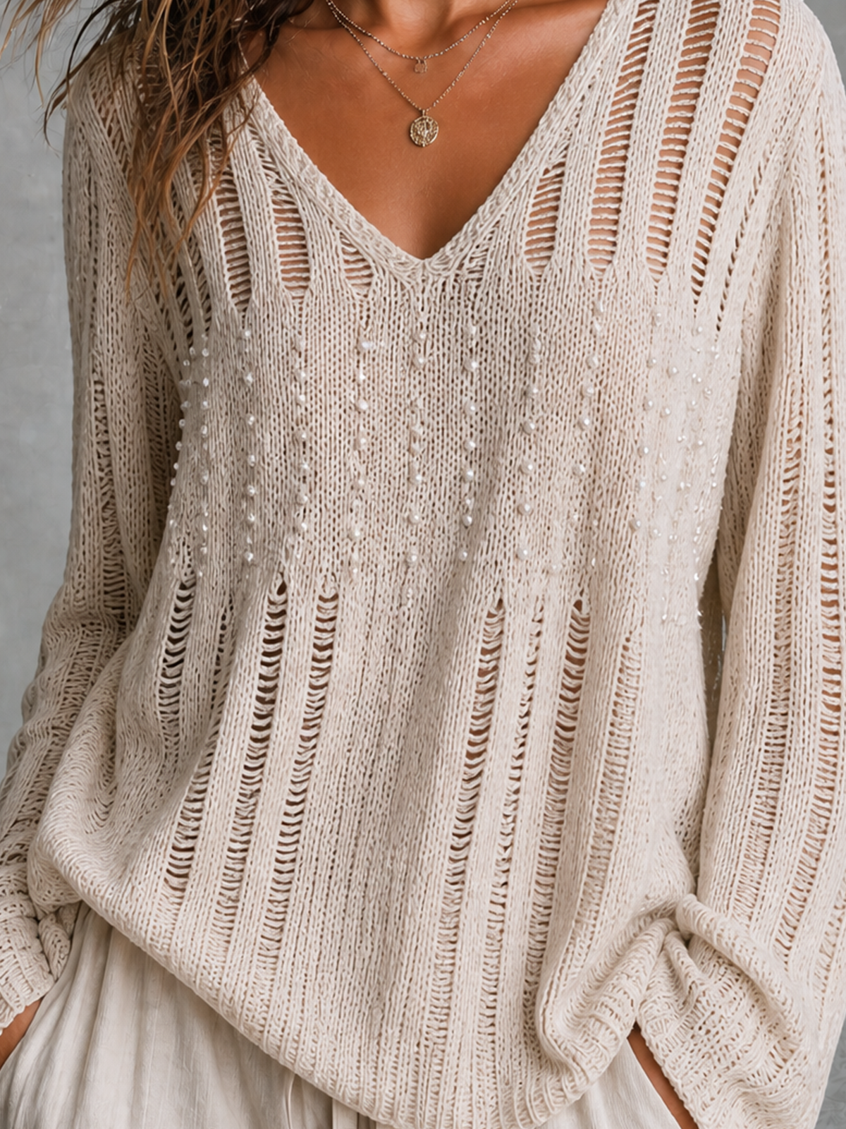 ElevenOra Chic Elegant Off White V-Neck Beaded Detail Long Sleeve Loose-Fit Hollow-Out Knit Mini Dress