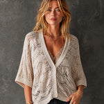 ElevenOra French Effortless Off White V-Neck Single-Breasted Half Sleeved Wavy Shaped Hollow Knit Cardigan Top