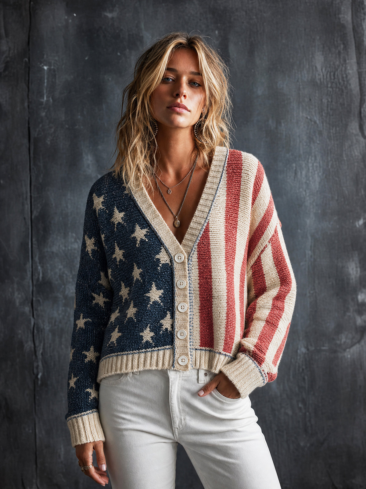 ElevenOra Vintage USA Flag Navy-Red-Beige Colorblock V-Neck Single-Breasted Long Sleeve Star Striped Jacquard Loose Fit Knit Cardigan Top