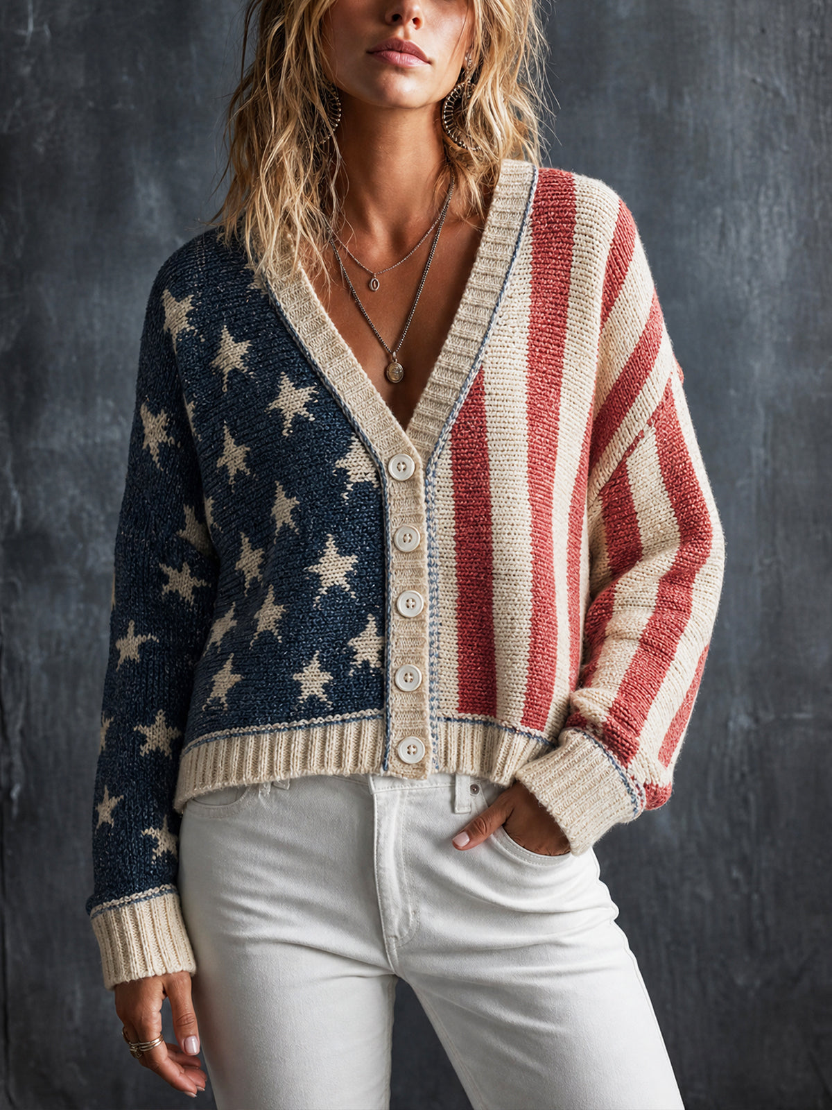 ElevenOra Vintage USA Flag Navy-Red-Beige Colorblock V-Neck Single-Breasted Long Sleeve Star Striped Jacquard Loose Fit Knit Cardigan Top