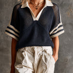 ElevenOra Chic Preppy Navy-Beige Colorblock Stripes Polor Half Raglan Sleeve Loose-Fit Hollow Knit Sweater Top