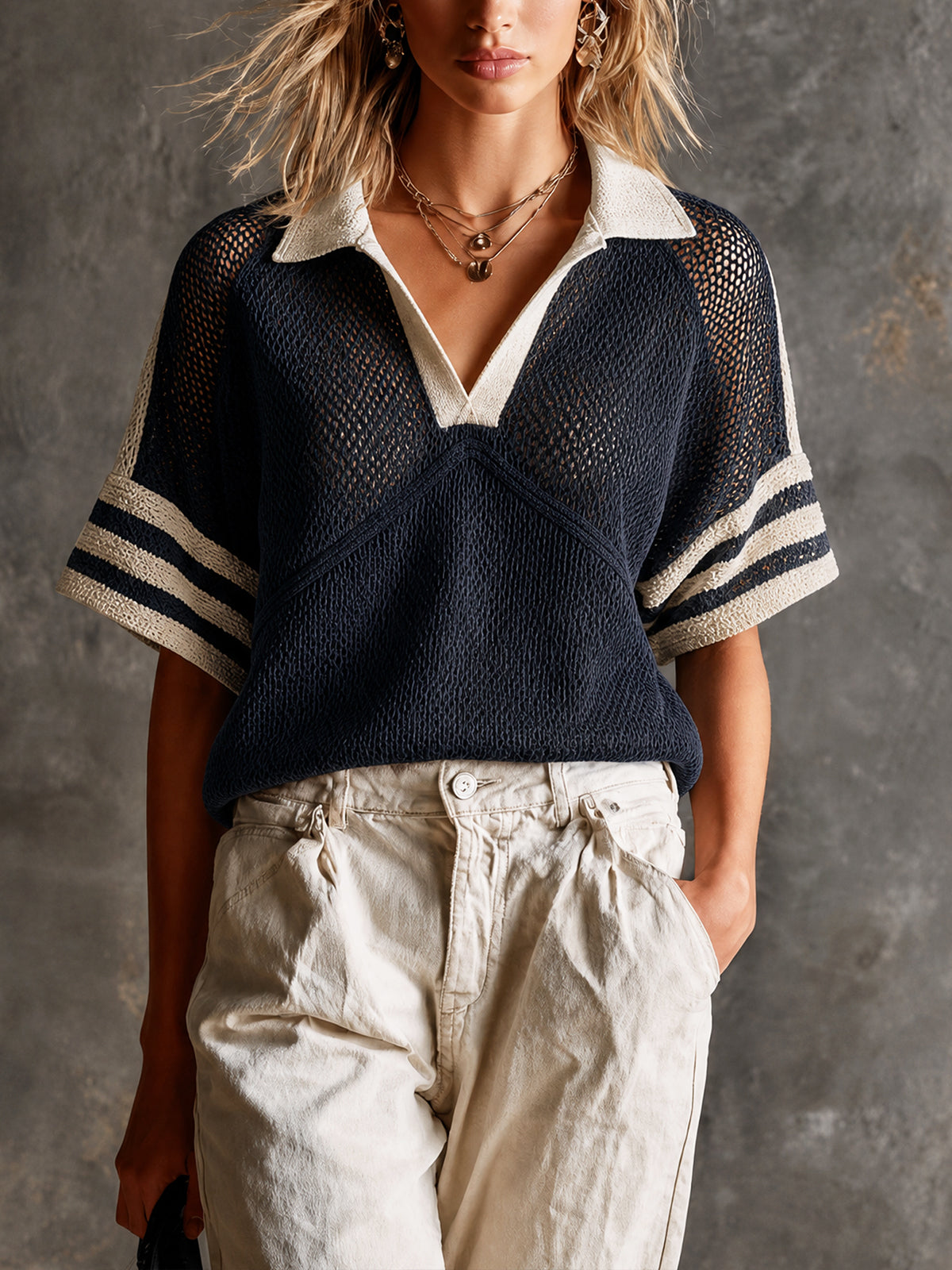 ElevenOra Chic Preppy Navy-Beige Colorblock Stripes Polor Half Raglan Sleeve Loose-Fit Hollow Knit Sweater Top