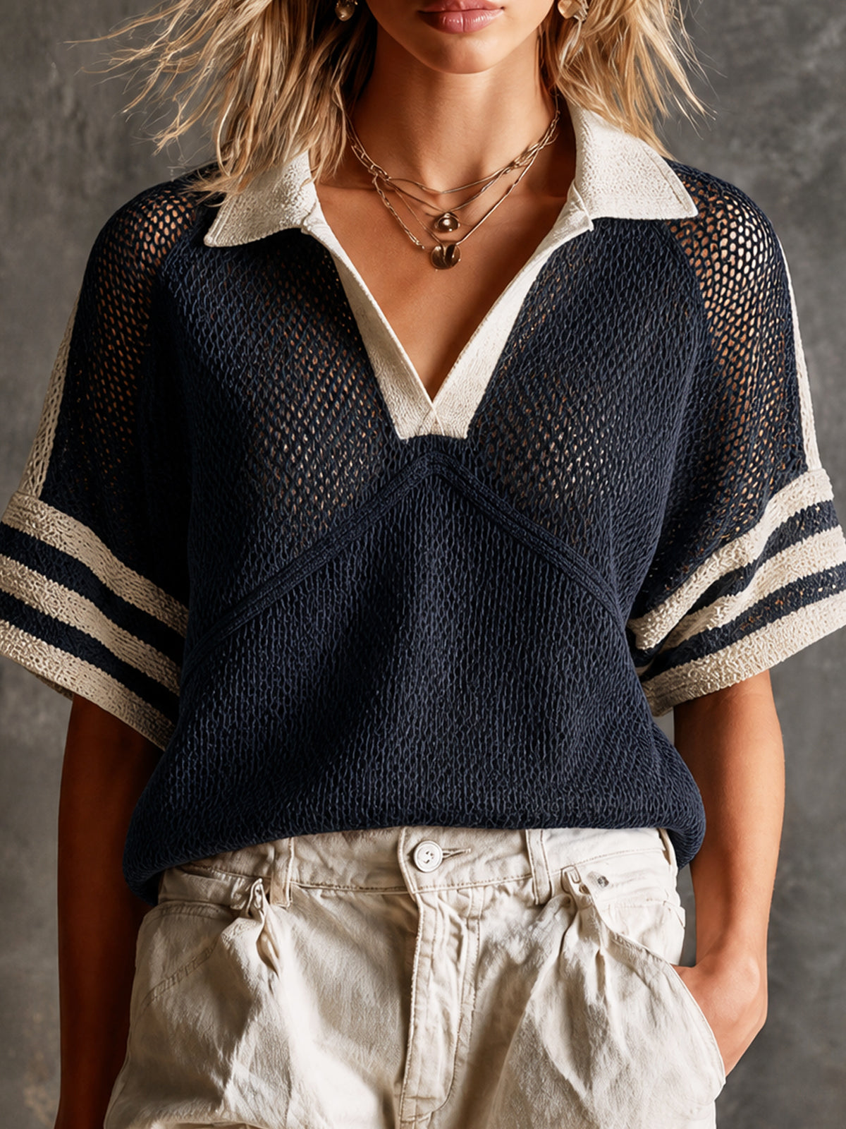 ElevenOra Chic Preppy Navy-Beige Colorblock Stripes Polor Half Raglan Sleeve Loose-Fit Hollow Knit Sweater Top