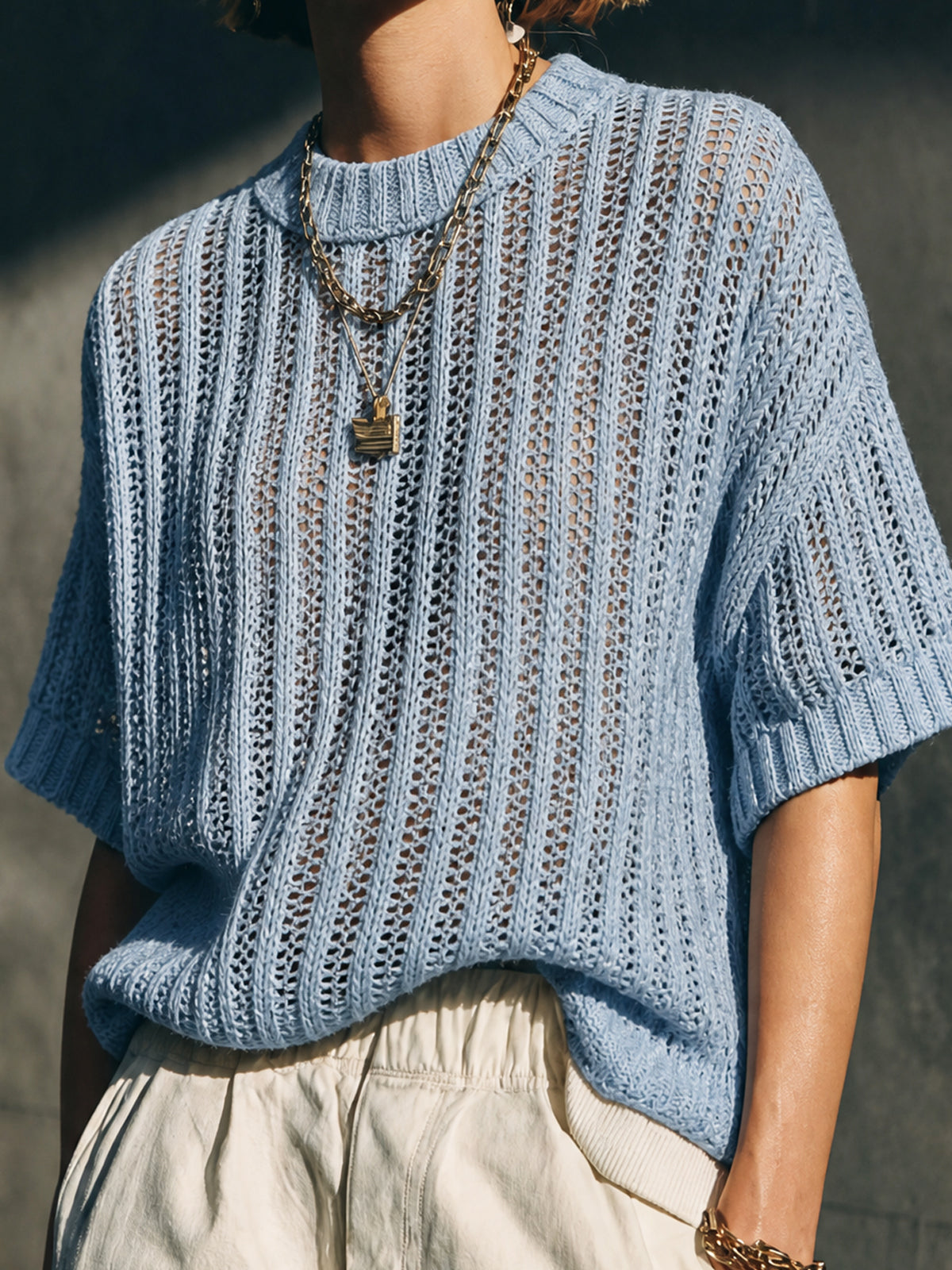 ElevenOra Chic Casual Light Blue Round Neck Half Sleeve Loose-Fit Vertical Hollow Rib Knit Sweater Top