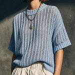ElevenOra Chic Casual Light Blue Round Neck Half Sleeve Loose-Fit Vertical Hollow Rib Knit Sweater Top