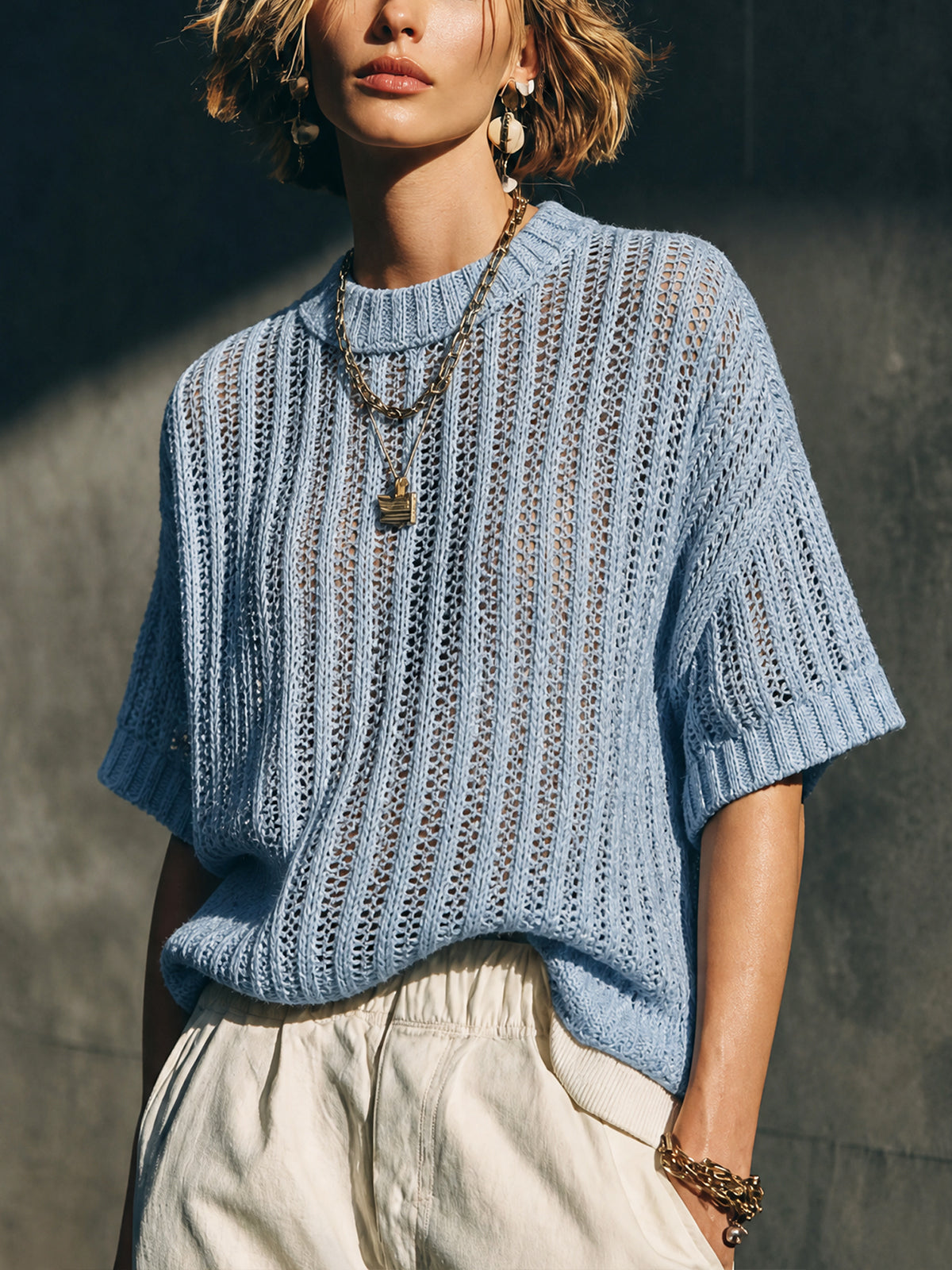 ElevenOra Chic Casual Light Blue Round Neck Half Sleeve Loose-Fit Vertical Hollow Rib Knit Sweater Top