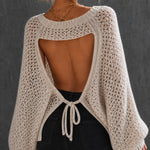 ElevenOra Chic Romantic Cream Round Neck Open Back Tie Detail Long Puff Sleeve Loose-Fit Hollow Knit Sweater Top