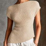 ElevenOra Minimalist Beige Boat Neck Cap Sleeve Irregular Hem Blouse Slim Fit Radial Rib Knit Sweater Top